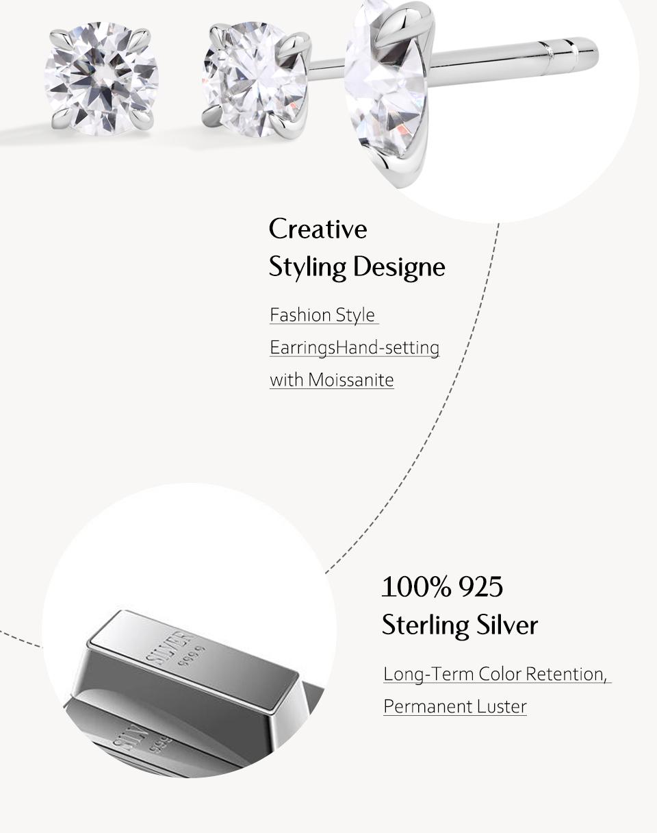 D/VVS1 Color Round Cut 0.5CT/1CT/2CT Classic Synthetic Moissanite Unisex 4 Prongs Ear Stud for Women Men Sparkling Hippop Wedding Jewelry E036