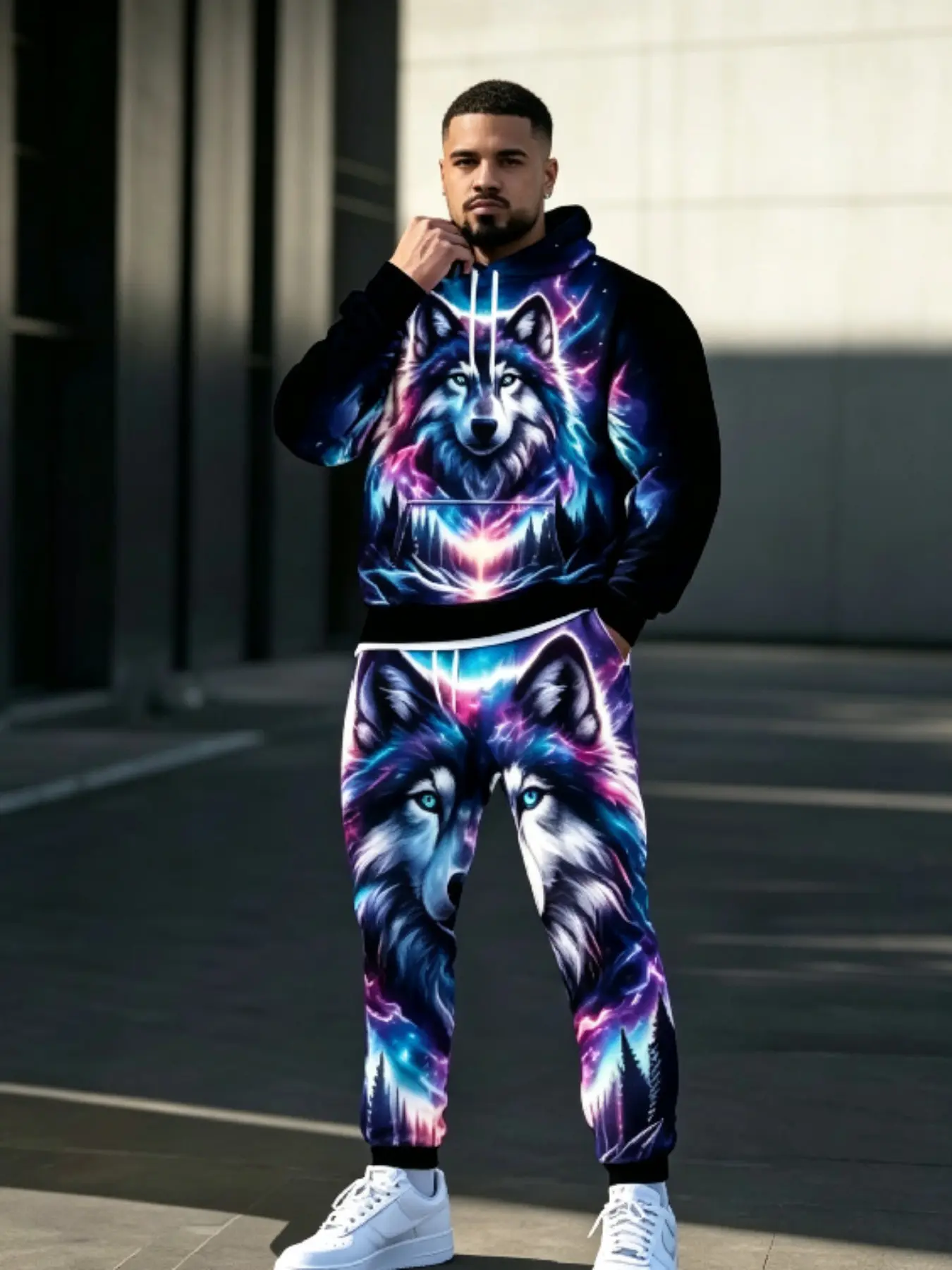 Men Plus Size Hoodie Tracksuit Set Cosmic Galaxy Wolf Forest Scenery All‑Over Print 2‑Piece Outfit, Polyester Sublimation Fabric Drawstring Hooded Sweatshirt & Jogger Pants for Street Casual Daily Occasions, Sweatsuit Set Outfit