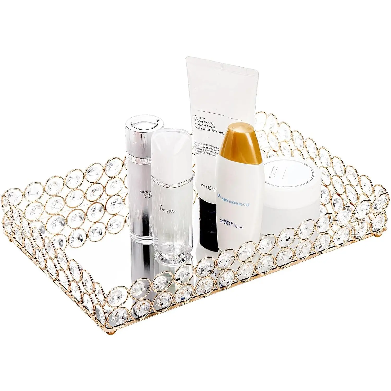 Hedume Crystal Vanity Tray, 12.3" x 8" Mirrored Cosmetic Makeup Tray, Large Jewelry Trinket Organizer Tray, Ornate Decorative Tray for Dresser Countertop Wedding Home Bathroom