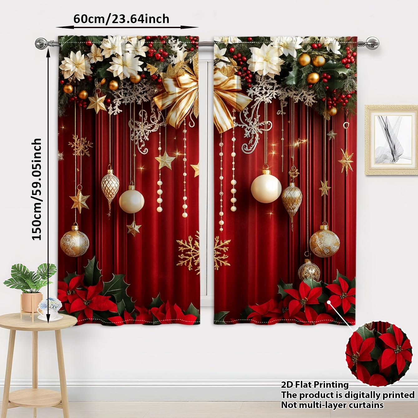 Christmas Theme Curtains Set, Window Curtain, Velvet Fabric with Gold Snowflakes & Colorful Balls, Festive Home Decor for Living Room Bedroom