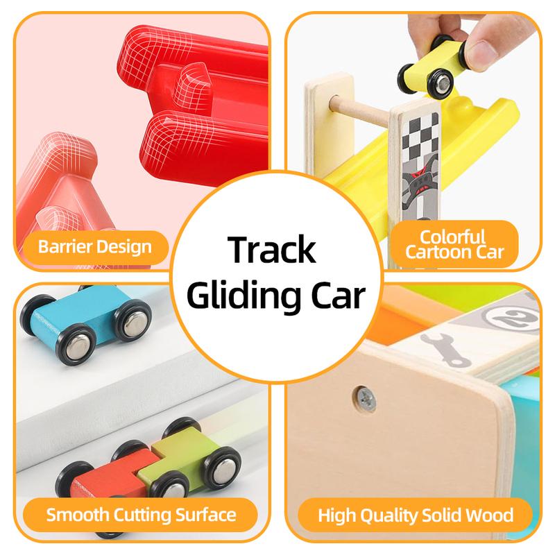 EDUTREE Toddler Toys Wooden Car Ramp Racer Toy Vehicle Set with 7 Tracks Mini Cars Race Tracks Montessori Inspired Gift for Boys Girls Play Playset Tricycle