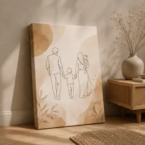Boho Neutral Line Art Family of Four Vertical Canvas Wall Art, Minimalist Parent‑Child Silhouette Poster, Warm Earth‑Tone Home Decor, Available as Unframed Canvas Poster or Framed Canvas Wrap