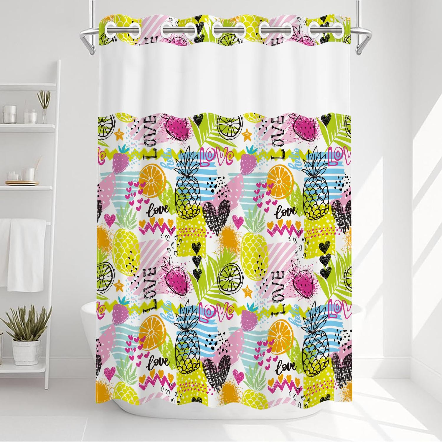 1PC double-layer large ring shower curtain, colorful fruit pattern background, shower curtain, high-end quick drying hanging curtain, bathroom, curtain, waterproof, anti mold curtain