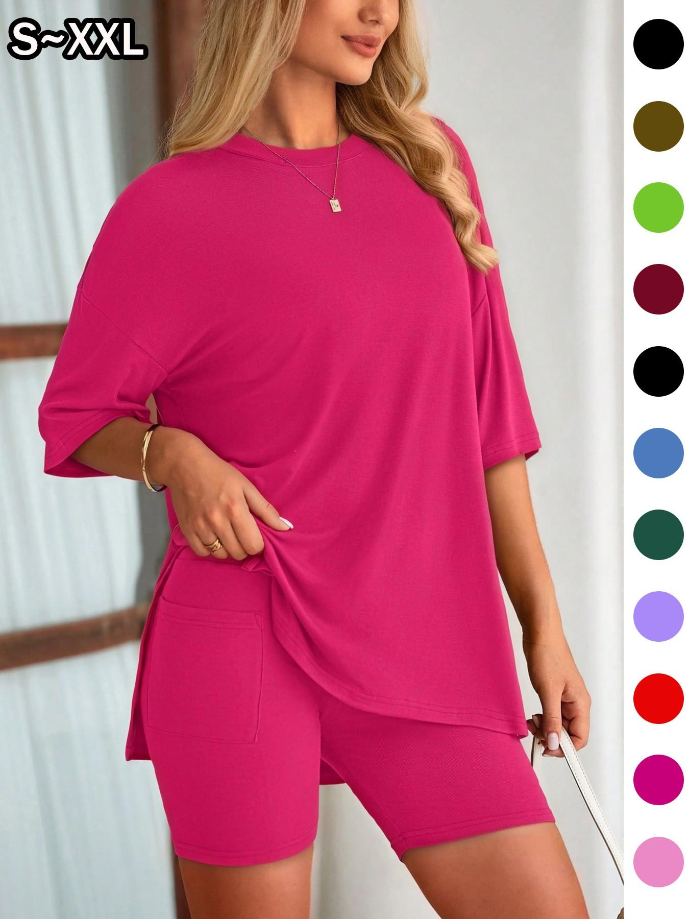 Women's Solid Color 2-Piece Set, Round Neck Loose T-Shirt and Pocket Tight Shorts, Comfort Summer Loungewear Pajamas, Suitable for Outdoor Wear
