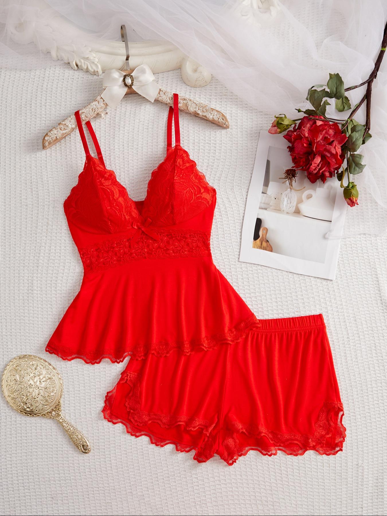Women's Plain Lace Patchwork Bow Decor Aesthetic Cami Top & Shorts PJ Set, Adjustable Spaghetti Strap Camisole & Elastic Waist Shorts, Ladies Sleepwear for All Seasons Women's Plain Lace Patchwork Bow Decor Aesthetic Cami Top & Shorts PJ Set, Adjustable Spaghetti Strap Camisole & Elastic Waist Shorts, Ladies Sleepwear for All Seasons