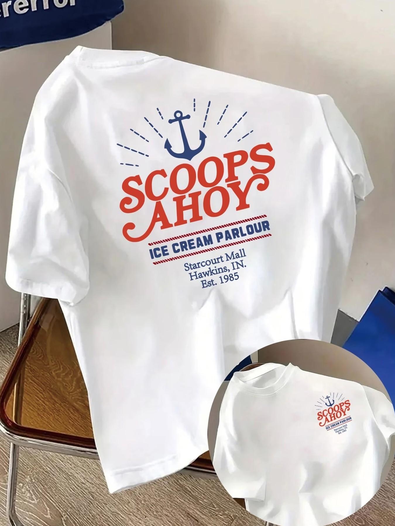 Women's Scoops Ahoy Oversized T-Shirt, Stranger Things Ice Cream Parlour Graphic Tee, 80s Retro Nostalgic Short Sleeve Casual Top for Fans