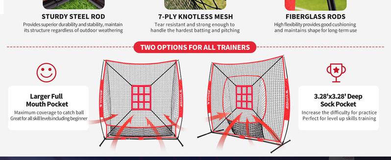 【Holiday Haul】BAGAIL 7x7 ft Baseball & Softball Practice Net with Bow Frame for Batting, Hitting, Pitching, Portable Baseball Throwing Net with Strike Zone, Carry Bag, Baseball Training Aid for All Levels family sport