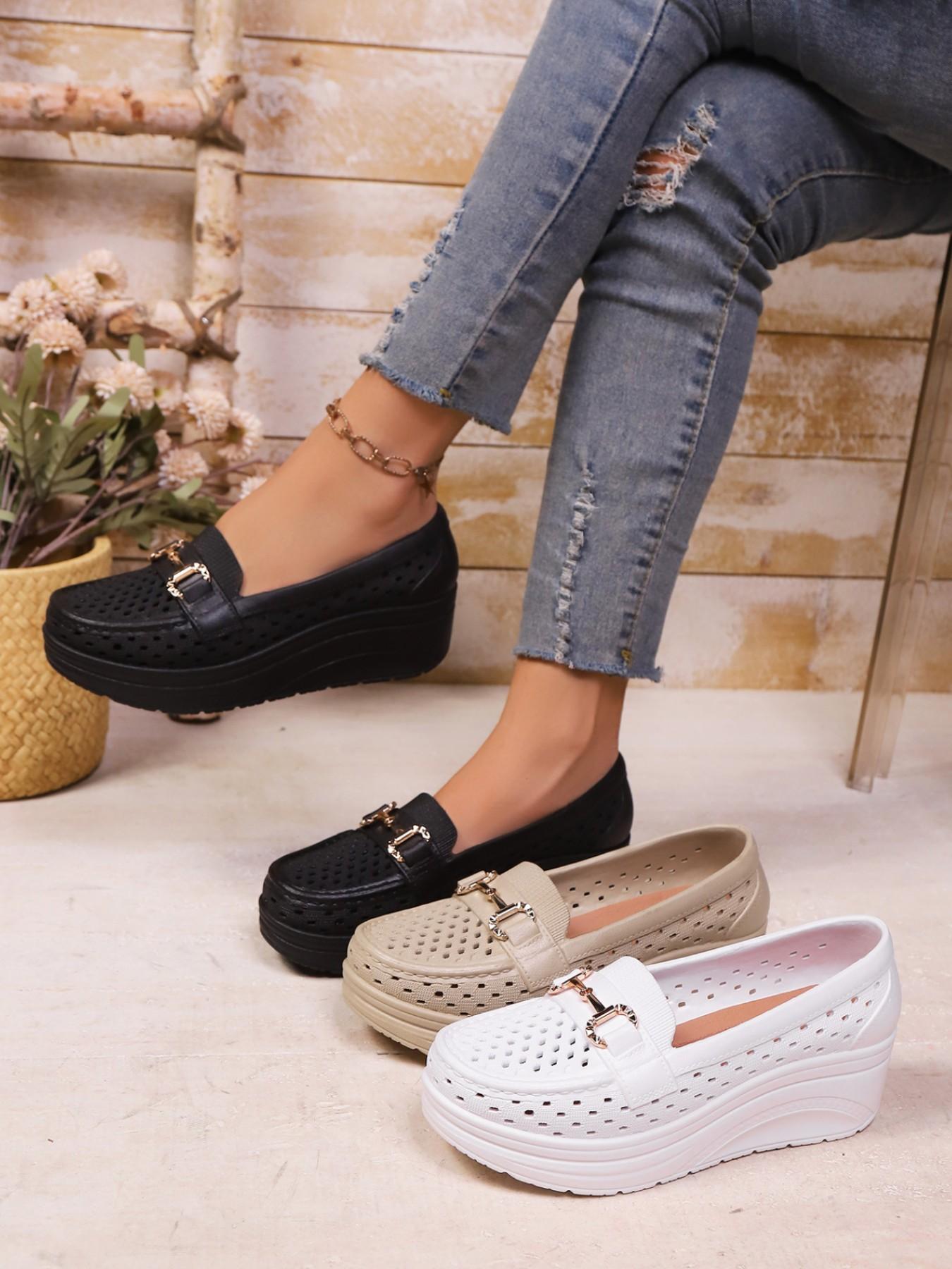 Summer New Metal Buckle, Bowknot, Pearl Decorative Hollow Out Breathable Platform Shoes, Thick Sole Heeled Loafers, Slip-On Lazy Shoes