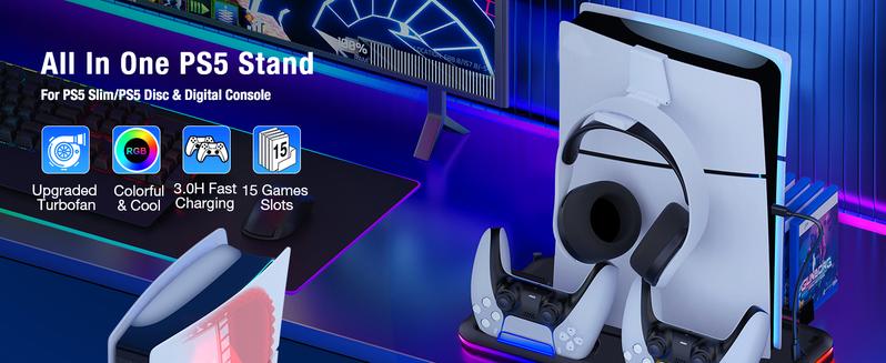 PS5 Slim Stand and Turbo Cooling Station with Controller Charging Station for Playsation 5, PS5 Accessories Kits Incl. 3 Levels Cooling Fan, LED LIGHT , 15 Game Slot, Headset Holder for PS5 Digital/Disc