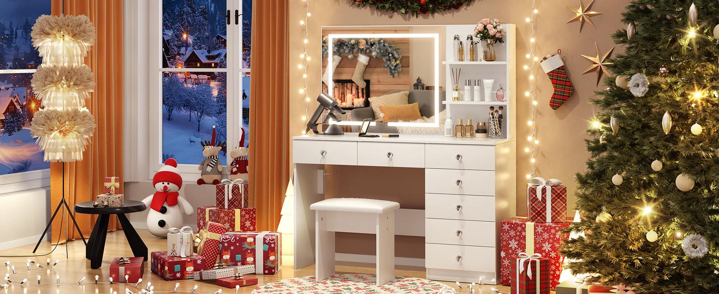 VOWNER Vanity with Lighted Mirror - 47" Makeup Vanity Desk with 7 Drawers, 3 Storage Shelves and Outlet, 3 Color Lighting Modes with Adjustable Brightness, Makeup Desk with Stool for Bedroom, White