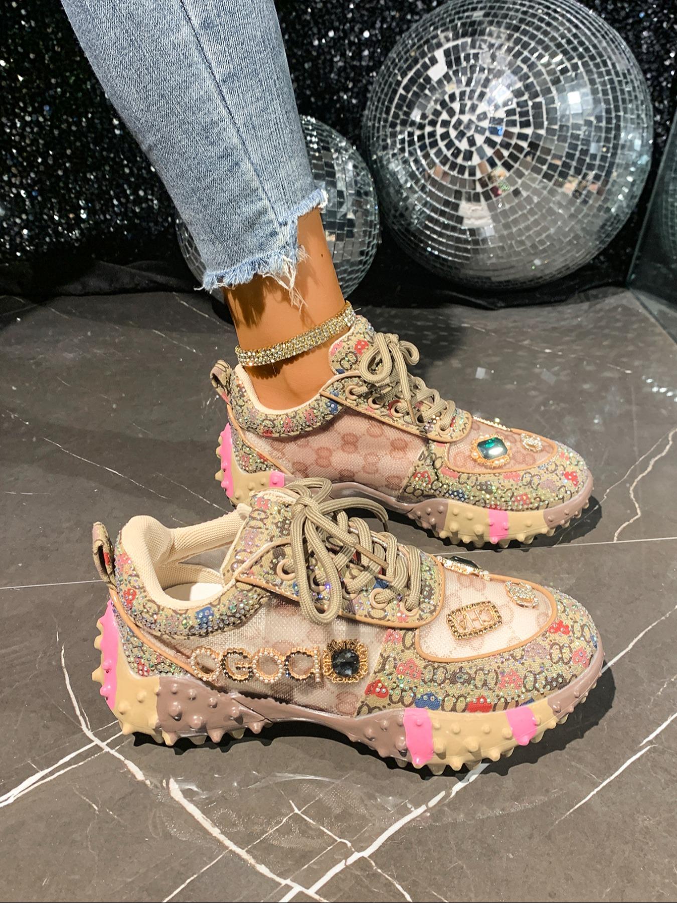 Sweet Cool Full Diamond New Street Casual Sports Shoes, Textile Upper, Rubber Sole, All Seasons, Less Than Ankle Height, Plain Style