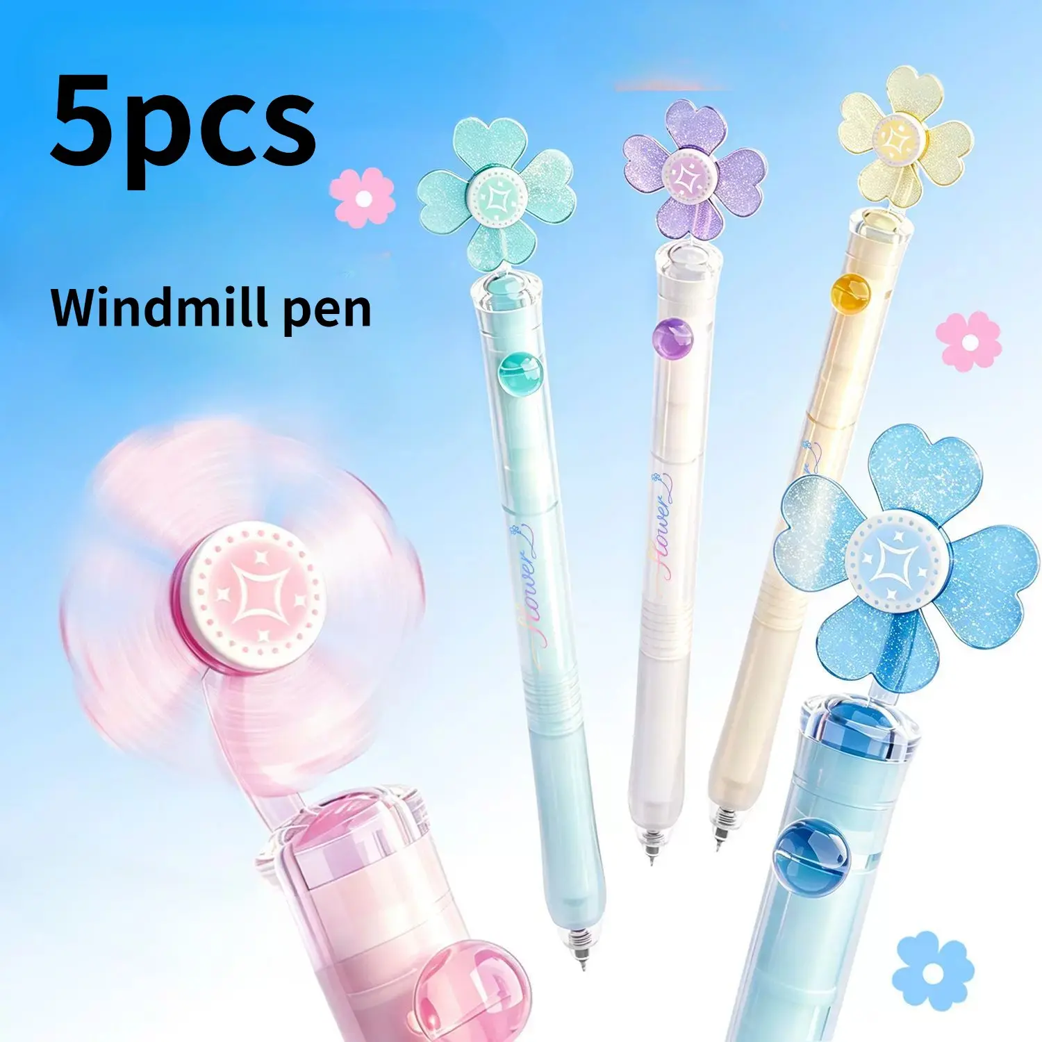 5-Pack Windmill Pens for Kids, Clover Neutral Pen, St Tip 0.5mm, Push-Down, High-Aesthetic Study Pen, Stress Relief Stationery