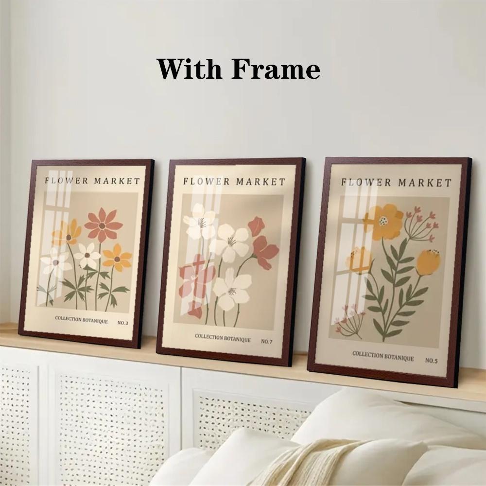 3-Piece Optional Wooden Frame Bohemian Abstract Flower Market Plant Poster Moisture-proof Canvas High Saturation No Color Difference Nordic Living Room Mural