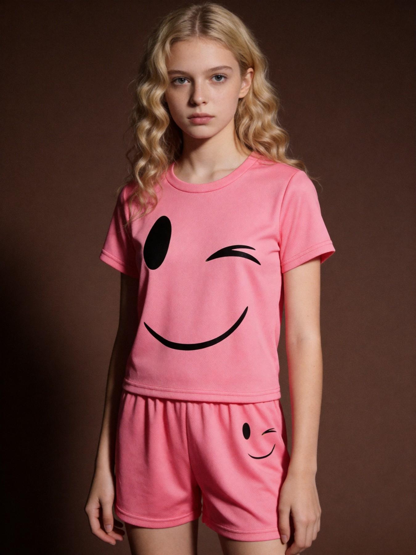 School-Style Set: Girls' Comfortable Summer Short-Sleeve T-Shirt and Shorts Two-Piece Set for School; Girls' Activewear with Printed Design; Girls' Round-Neck Short-Sleeve T-Shirt—Casual and Fashionable Summer Clothing for Kids