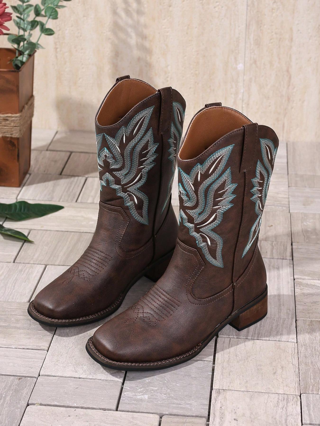 Women's Coffee Embroidered Square Toe Cowboy Boots, Mid-Calf Western Boot, Slip-On, Thick Heel, Ethnic Style, Winter Footwear