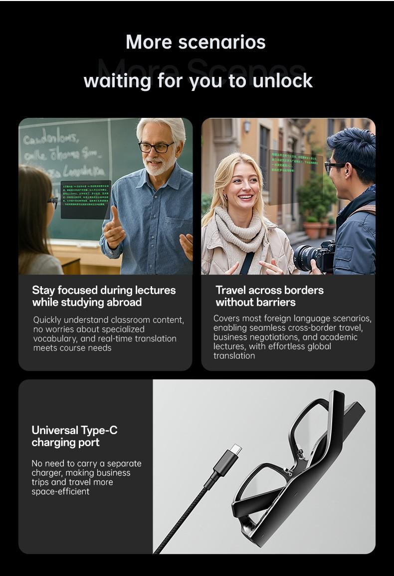 Domars AR Translation Glasses,AI Smart Glasses Real-Time Translator with Languages Support, Synchronized Teleprompter,Smart Blue Light Blocking Glasses with Speakers, Waterproof Bluetooth Eyeglasses for Meeting Discussions Travel, Business & Study