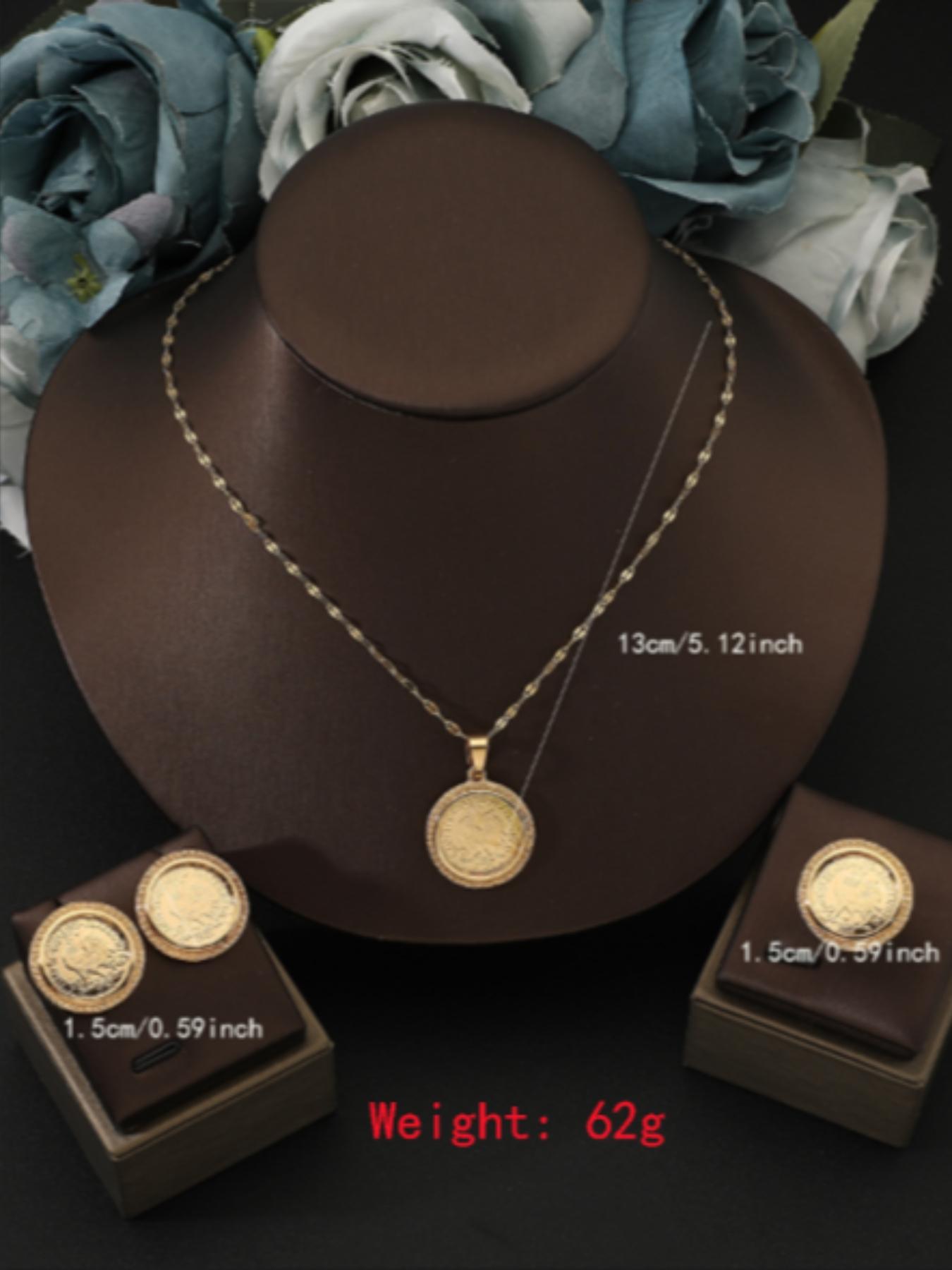 Vintage Turkish Gold Coin Jewelry Set, 18k Gold Plated Rhinestone Necklace Earrings Ring Trio, Casual Stainless Steel Accessories