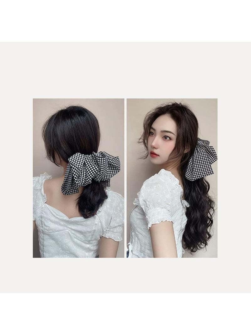 Long Wavy Claw Clip On Black White Bow Hair Extensions Pony Tail Hairpiece Lady Wigs for Women Wig Ponytail Bow Hair Accessories Girls Grab Clip Water Ripple Ponytail Braid High Value Wig Human Hair(Dark Brown,Black Bow)