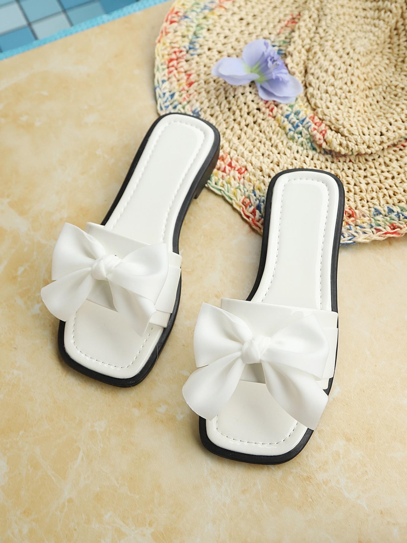 Women's Bow Square Toe Flat Sandals, Cute Casual Summer Fashion, Anti-Slip Vacation Shoes, Solid Color, Rubber Sole, Below Ankle Heel