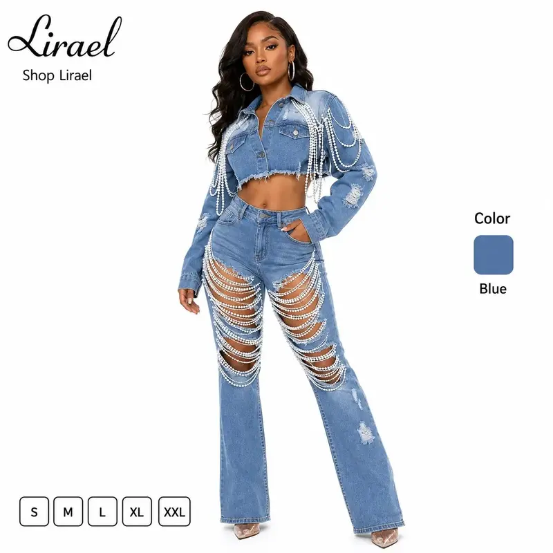 Women's Cropped Denim Jacket Pearl Chain Distressed Blue Fringe Streetwear Party Outfit