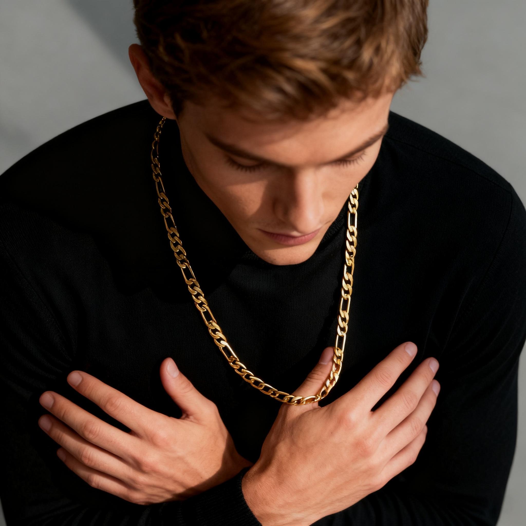 [Free 3-day shipping] 14K Real Gold-Plated Figaro Chain Necklace for Men – 2mm/10mm Wide, 24" Italian-Style Cuban Link, Tarnish-Free Nanotech Coating, Hip Hop Streetwear, Minimalist Layering Jewelry, Gift for Him