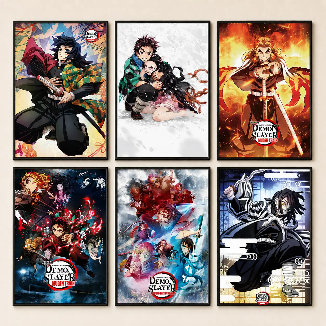 Demon Slayer 6-Piece 6-Unique-Designs Artistic Wood Frame Canvas Art Print Set - Vibrant Japanese Anime Manga Posters, High-Quality Home Decor Wall Art for Kid Room, Bathroom, Classroom