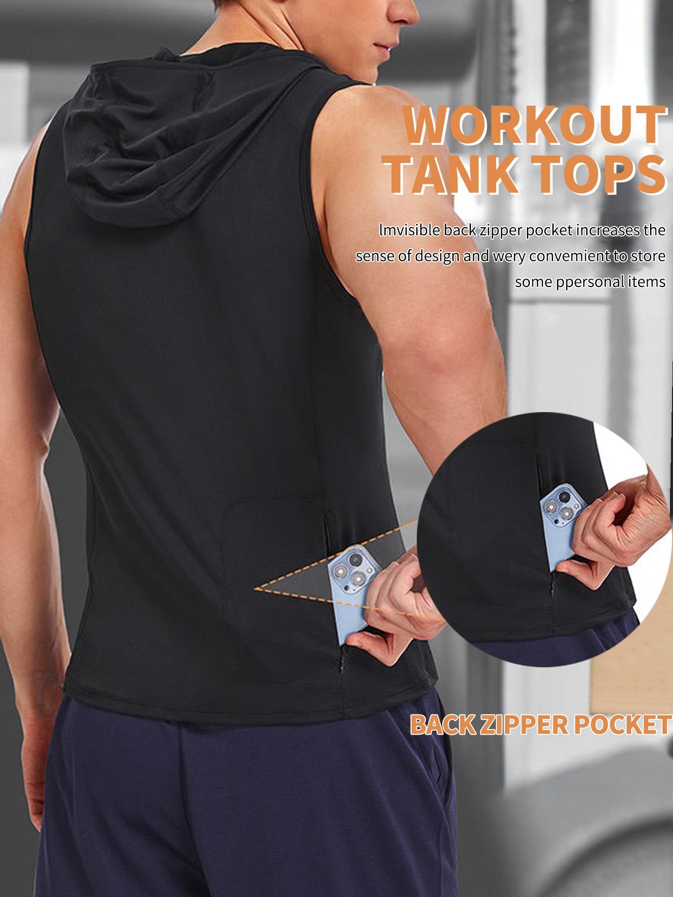 Men's Sports Fabric Tank Top, Loose Fit Stand Collar Hat Design, Quick-Dry Breathable, Hidden Storage Pocket, Professional Sportswear