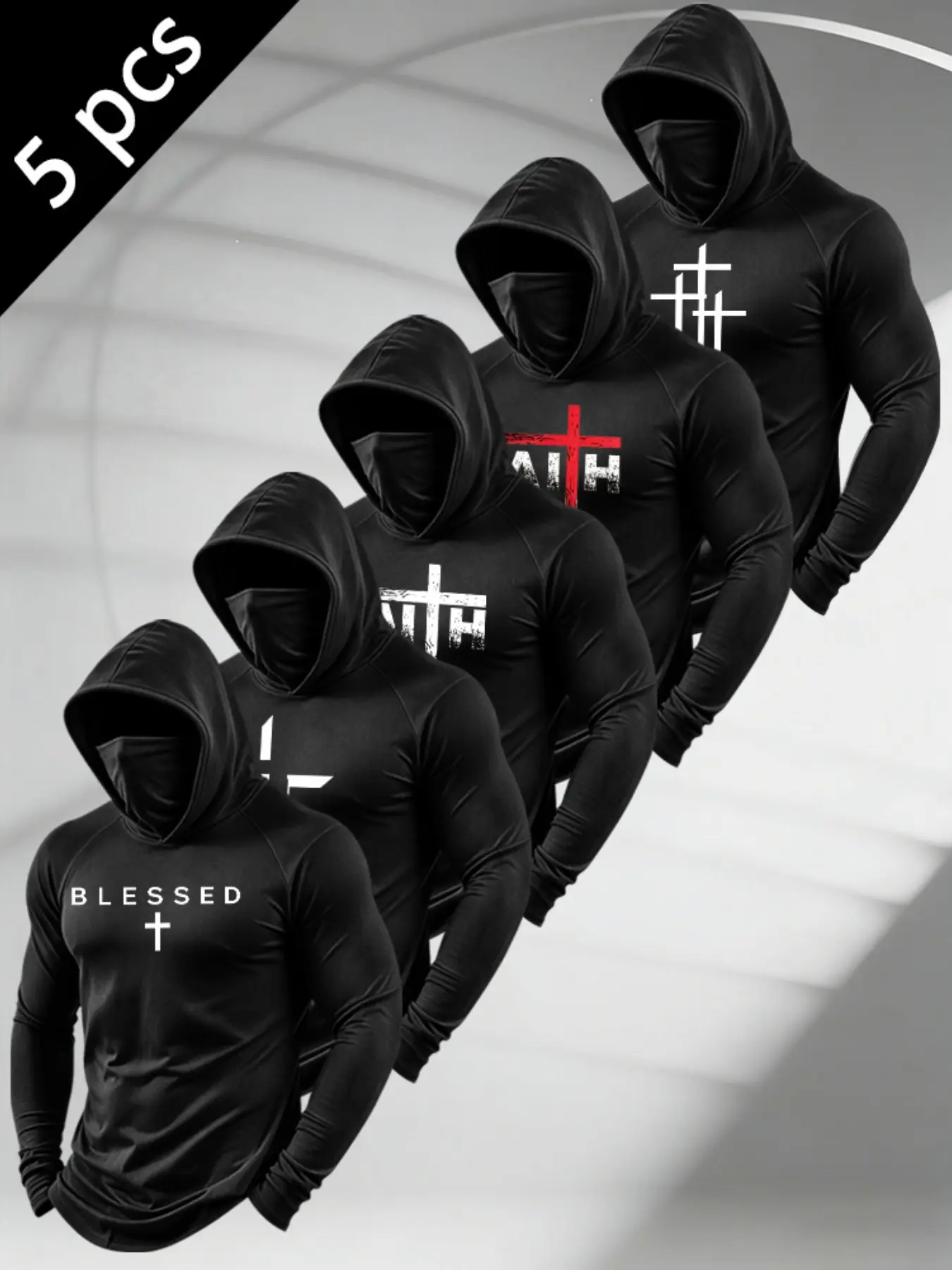 5‑Pack Men Hooded Long Sleeve Shirts,Cross Blessed Faith Letter Graphic Tops With Built‑In Face Cover,Quick Dry Athletic Training Workout Pullover #MenAthleticWear #FaithClothing #GymTop #WorkoutHoodie