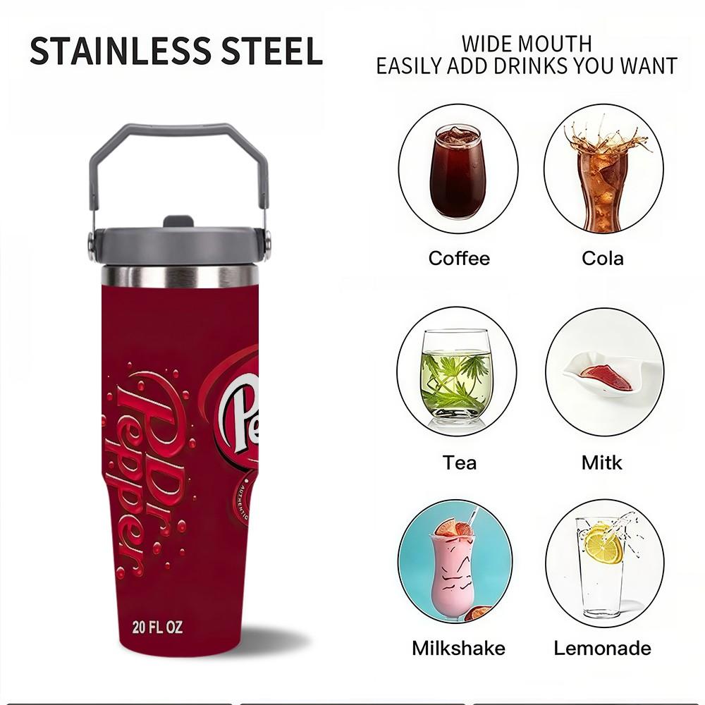 1pc 30oz Portable stainless steel insulated cup, Leakproof Insulated Tumbler, Dr Pepper Theme Car Travel Tumbler with handle and straw, leak-proof lid, school travel cup, insulated coffee cup, Home Office Car Accessory, Holiday Gift