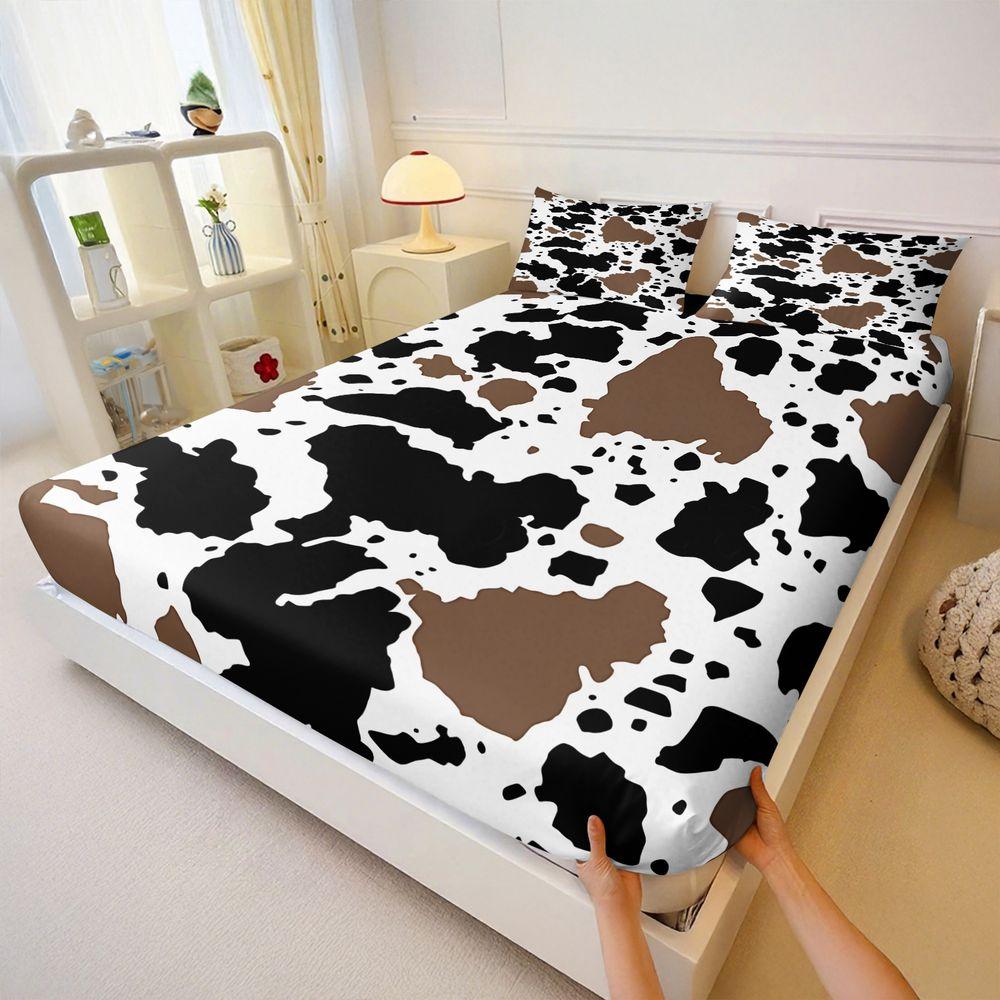 3Pcs Cowhide Pattern Fitted Sheet Set, Irregular Black, Brown & White Patches on Soft Fabric, Stylish & Unique Bedding for Rustic Decor, for Animal Lovers, Transform Your Bedroom into a Cozy Retreat Includes 2 Pillowcases, No Pillow Core