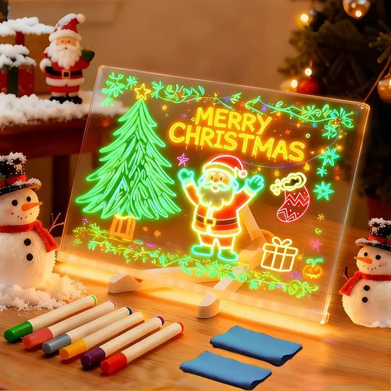 LED Note Board with Colors, Light Up Message Board Christmas, Acrylic Dry Erase Board with Stand, 7 Colors Pen, 2 Cleaning Cloths, USB for Outdoor Use, LED Drawing Board for Office/School/Home