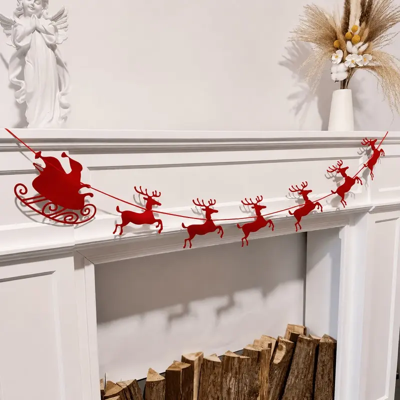 Christmas Red Felt Banner with Santa Claus Sleigh and Reindeer Pulling Flag, Christmas Fireplace Hanging Pennant, Winter Holiday Indoor Wall Party Decoration