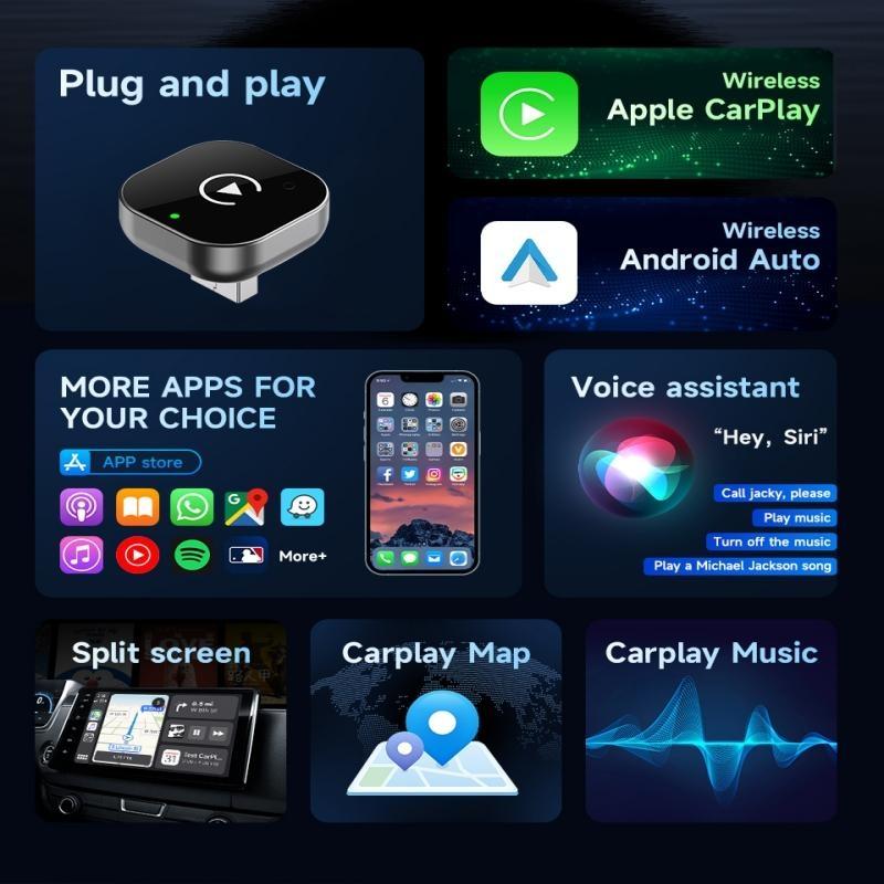 2025 Wireless CarPlay Adapter for iPhone/Android - Fast Connection, No Delay, Hands-Free Calling Wireless Adapter Mini USB Car Design, Apple CarPlay Plug-and-Play, Easy to Use