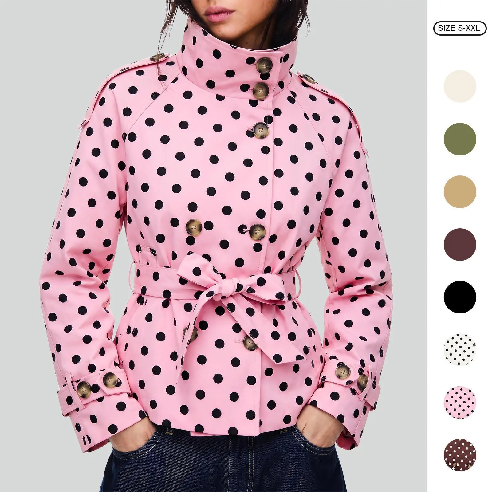 Imily Bela Women's Minimalist Retro Cropped Trench Coat - Stand Collar, Double Breasted, Adjustable Belted, Epaulets, Prints (Polka Dot & Solid Color) Short Windbreaker Jacket, Casual Outerwear S-XXL (Matching Styling Option)
