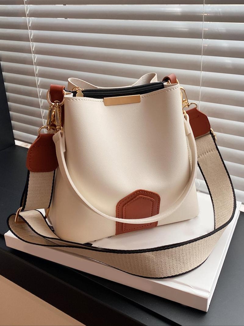 Women's Elegant PU Leather Bucket Bag, Fashionable Vintage Classic Texture Shoulder Bag with Wide Strap, Casual Versatile Crossbody Bag for Work, Commuting, Dating, Shopping and Daily Use