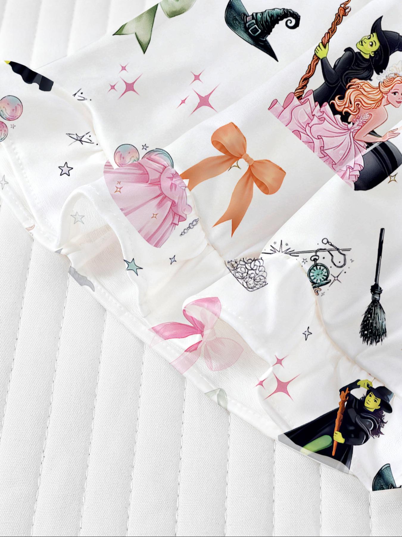 Cartoon Short Sleeve Shorts Pajama Set, New Fire Retardant Button Front Shirt & Loose Elastic Waist Ruffle Pants