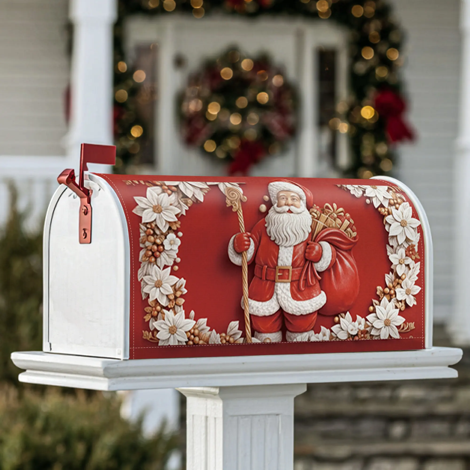 Santa Claus Magnetic Mailbox Covers, Christmas festive poinsettia gift bag Christmas red Mailbox Decorations for Home Garden Decorations