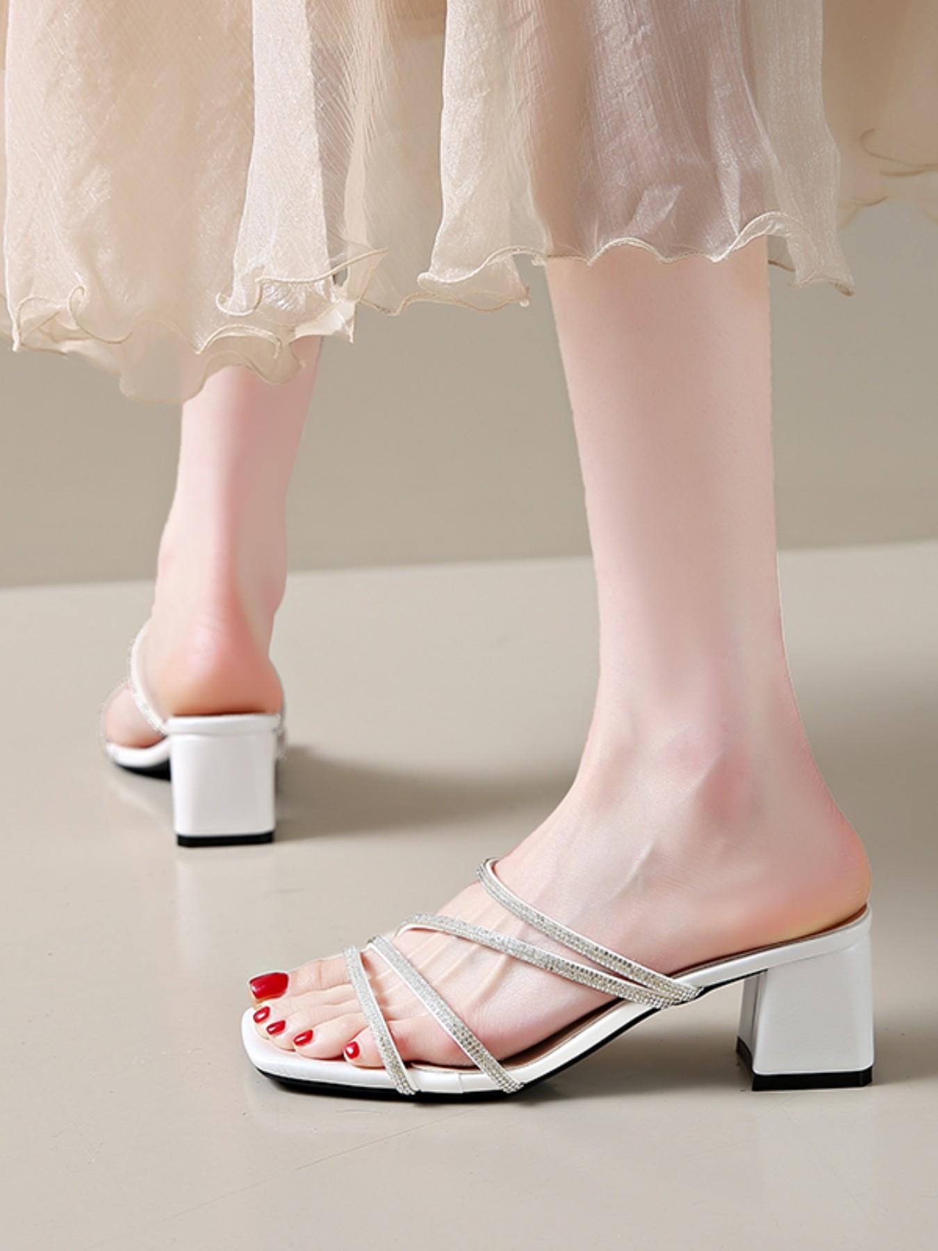 Women's Square Toe Rhinestone Sandals, Chunky Heel Mid-Heel Fairy Style Summer Outdoor Versatile Two-Wear Strap Flats