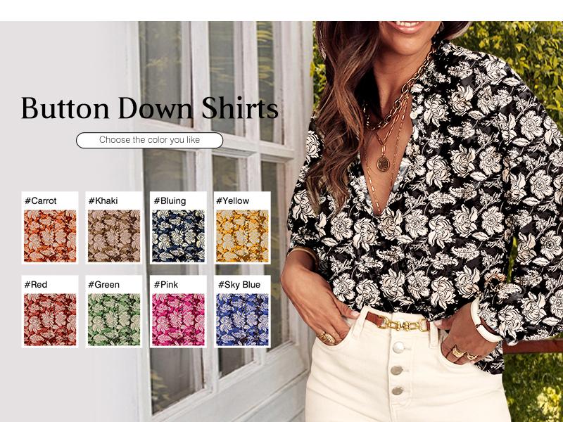 Shewin 2026 Spring/Summer Women’s Going Tops Boho Floral Chiffon VNeck Buttoned Long-Sleeve Blouse – Casual Spring Pink Top with Allover Floral Print for Womenswear, Multi-Color Options Longsleeves Fit