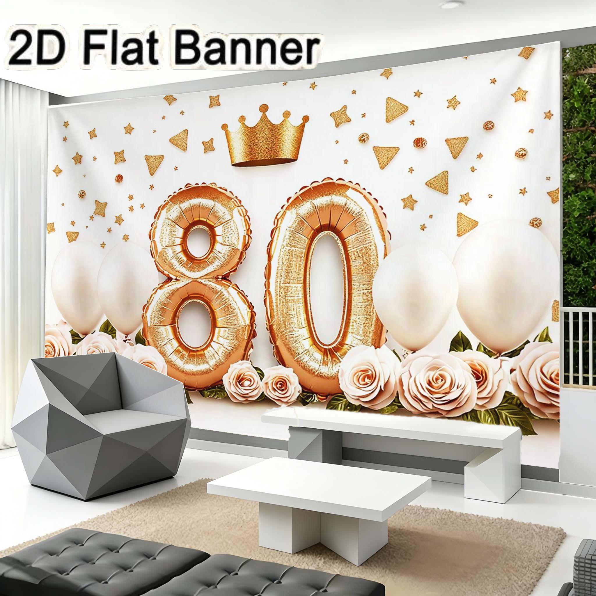 2D flat banner, 1pc80th Birthday Party Decorations, Gold Foil Number 80 Balloons Crown Shaped Balloon with Pink Roses & White Balloons, Gold Confetti Background, Festive Celebration Decor for Milestone Event