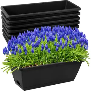 8pcs Window Box Planter,17 Inches Flower Window Boxes,Rectangle Planters Box with Drainage Holes and Trays, Plastic Vegetable Planters for Windowsill Patio Garden Home Decor Porch Yard (Black)