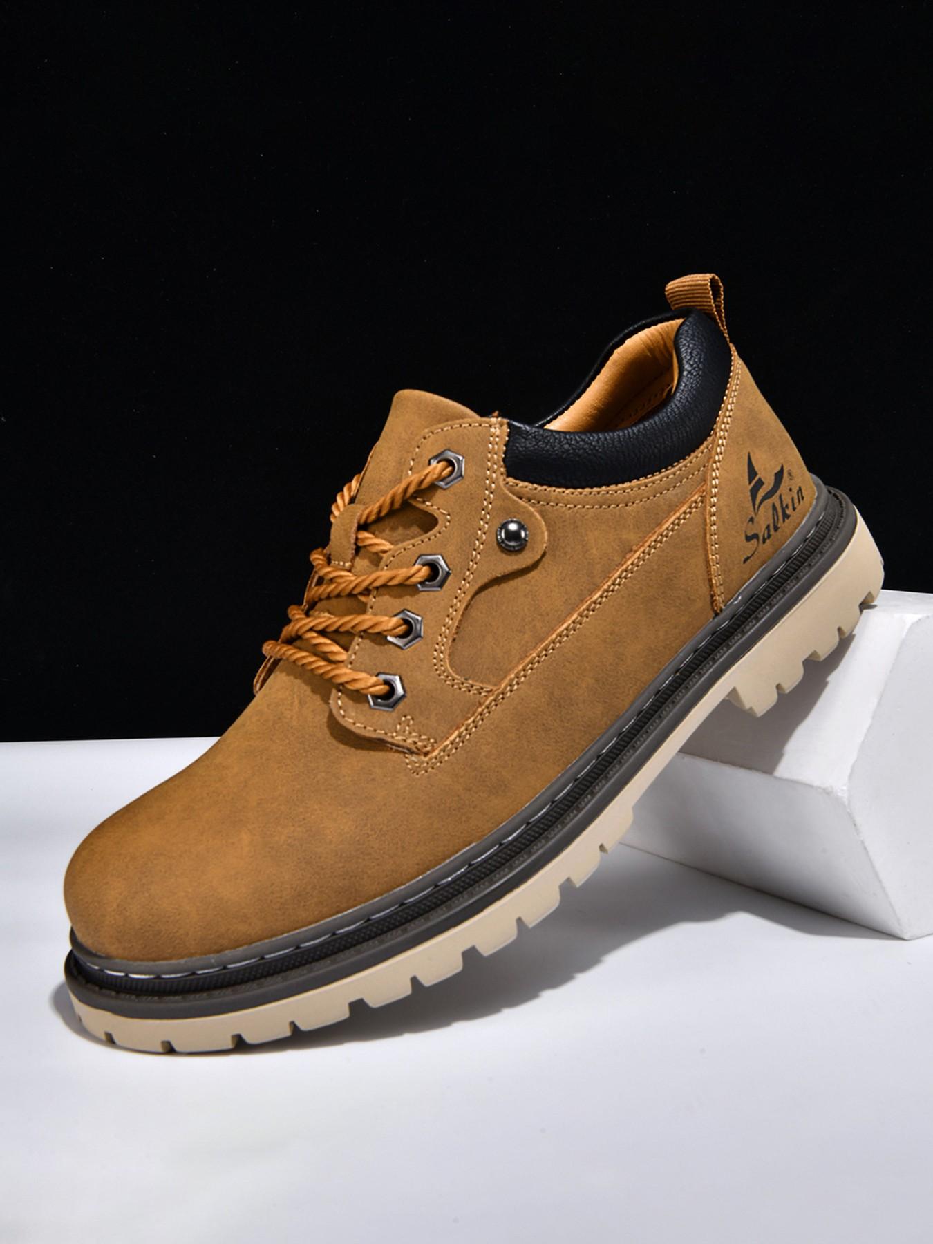 Men's Handmade Casual Boots, Fashionable Lace-Up Low-Top Boots, Suitable for All Seasons Outdoor Hiking and Daily Wear, Thick Sole Comfort