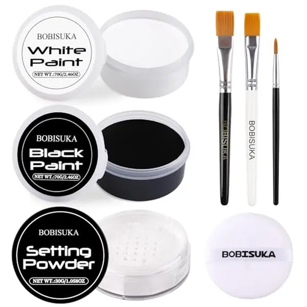 BOBISUKA Professional Oil-Based Cream Body Face Makeup Kit - Black & White Large Capacity Palette, Setting Powder, 3PCS Artist Brushes for Adult Halloween Art, Clown Looks,familyfun