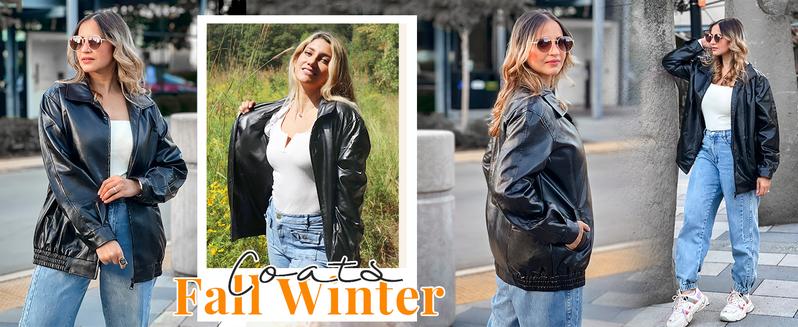 Goranbon Womens Oversized Leather jacket Lapel Bomber Coat Classic Casual Zip Up Warm Fall Winter Clothing Faux Elegance