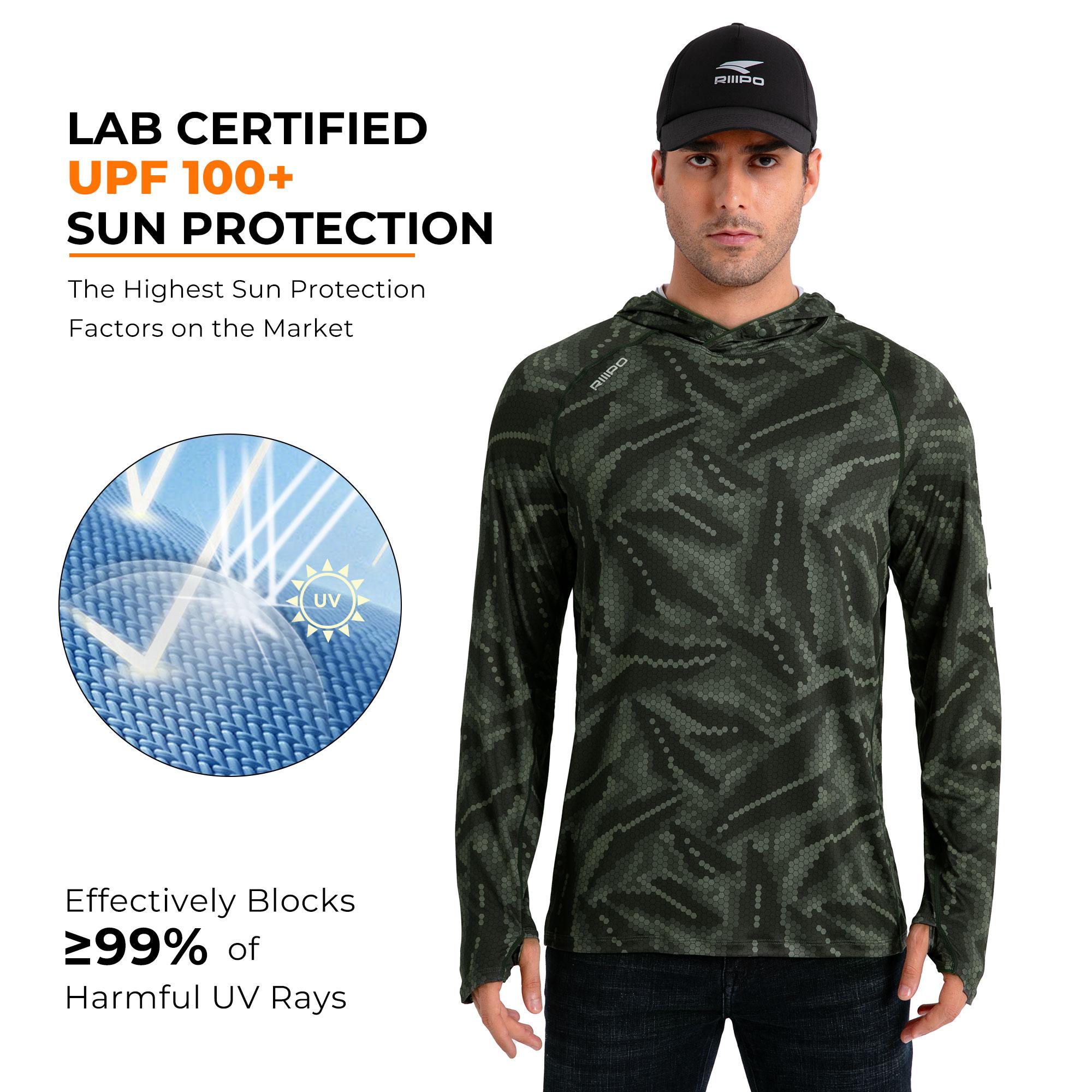【Clearance】R20 Sun Hoodie Shirts with UV Detection Logo Thumbhole Men UPF 100+ Sun Protection Long Sleeve Lightweight Quick Dry Moisture Wicking Breathable Cooling Athletic Activewear for Outdoor Sports Fishing Boating Construction Roofing Tree Service
