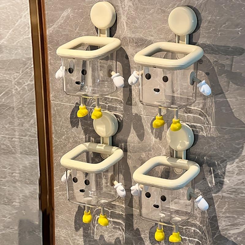 DIY Creative Cute Wall Mount Toothbrush Holder, No-Drill Suction Cup Bathroom Organizer with Multi-Sections for Toothpaste, Electric Toothbrush, Razor, Makeup Brushes, Kitchen Storage Supplies