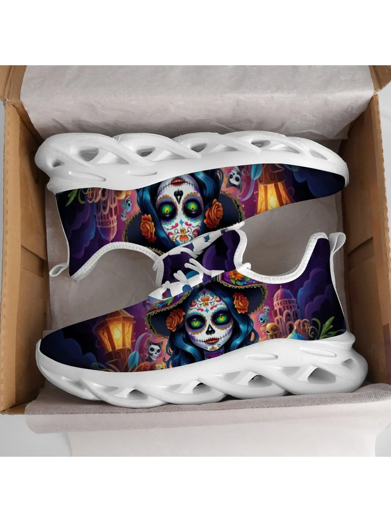Mexico Day Of The Dead Sugar Skull Lady With Cat Art Print Sneakers Versatile For Daily Outings Women Man Outdoor Walking Shoes Breathable Mesh Lace Up Lightweight Shoes Non Slip Casual Footwear Holiday Shoes Gift
