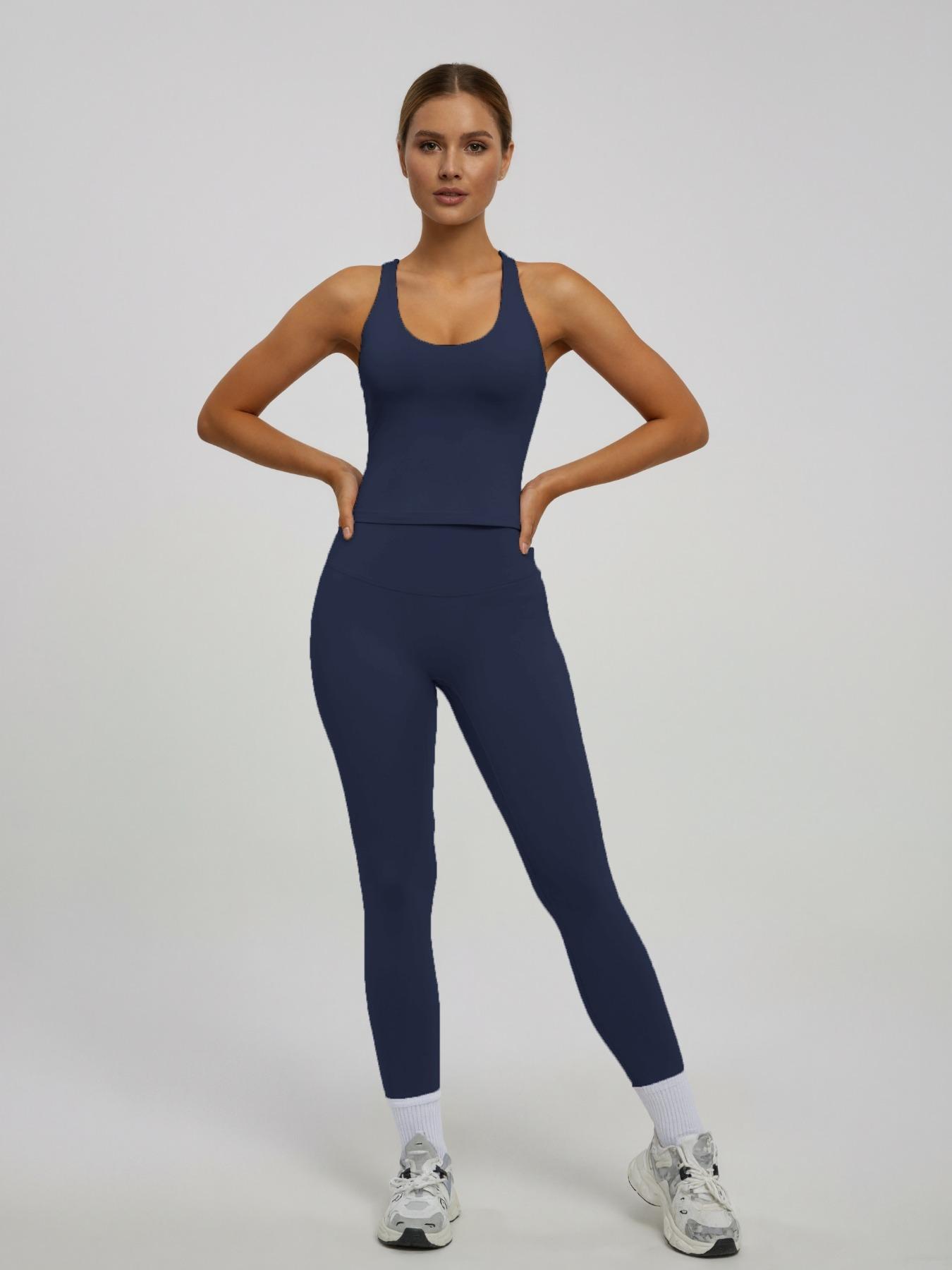 Women's 2-Piece Solid Color Sportswear Set, Sleeveless Backless Tank Top, High Waist Leggings, Slim Fit, Breathable Yoga Gym Outdoor Workout, Stretchable Activewear, Sports Fitness Wear