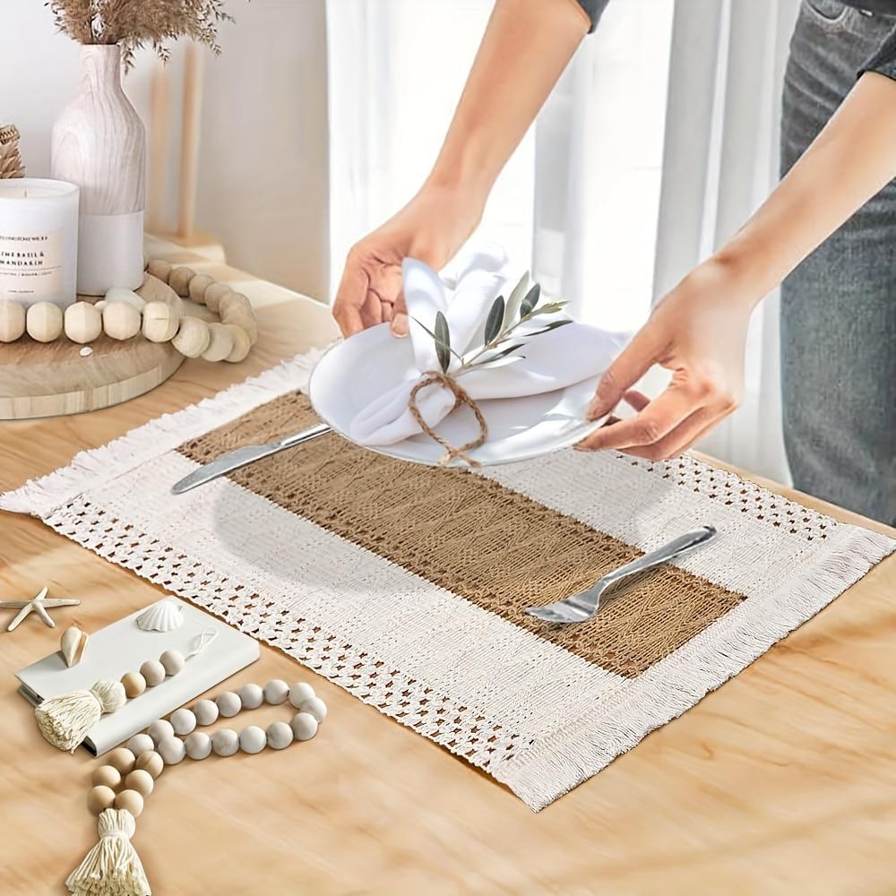 4/8pcs Bohemian Rustic Placemats, Hand-Crocheted Coffee Table Mates with Tassels in Farmhouse Burlap Style for Home Dishware Heat Insulation. Perfect as Boho Charm Decorations at the Dinning Room or Wedding Party Holiday Celebration,Party Table Decor
