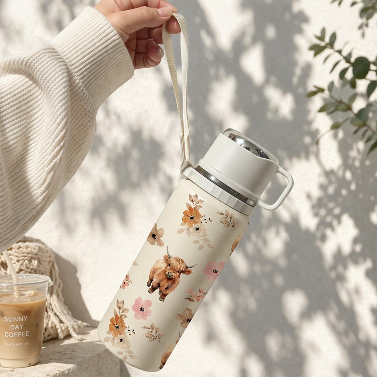 600ml Highland Cow Floral Insulated Water Bottle, 316 Stainless Steel Thermos with Handle & Strap, 48H Hot 24H Cold Leakproof Flask for Coffee Tea, Reusable Travel Tumbler for Outdoor Camping Hiking, Cute Aesthetic Gift for Women Girls